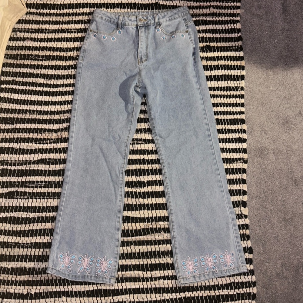 Pink Floral Embroidered Light Blue Jeans